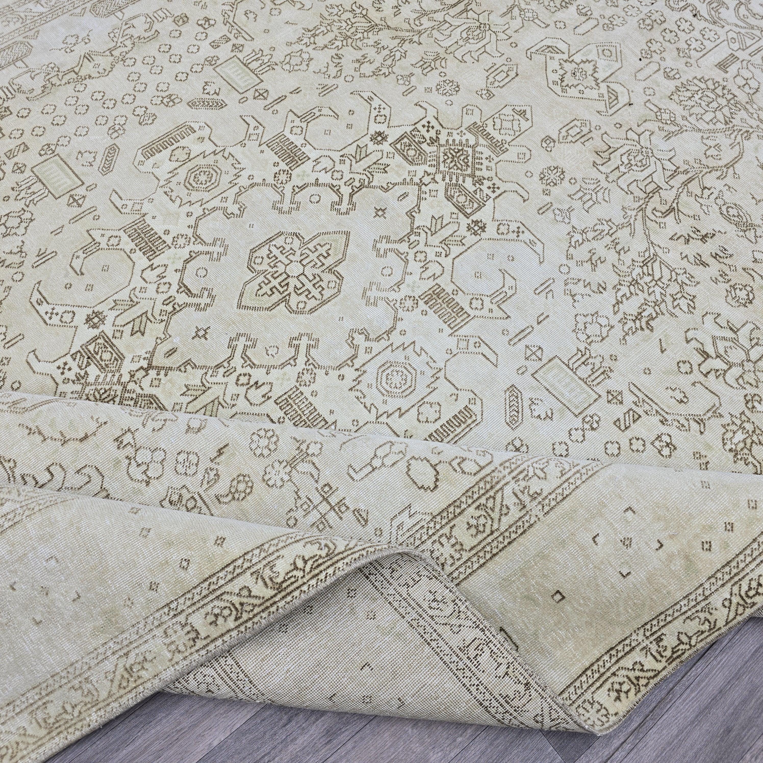 Oushak Rug 8x11: Vintage Turkish Wool Area Rug, Neutral Distressed Geometric