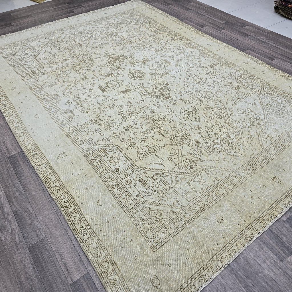 Oushak Rug 8x11: Vintage Turkish Wool Area Rug, Neutral Distressed Geometric