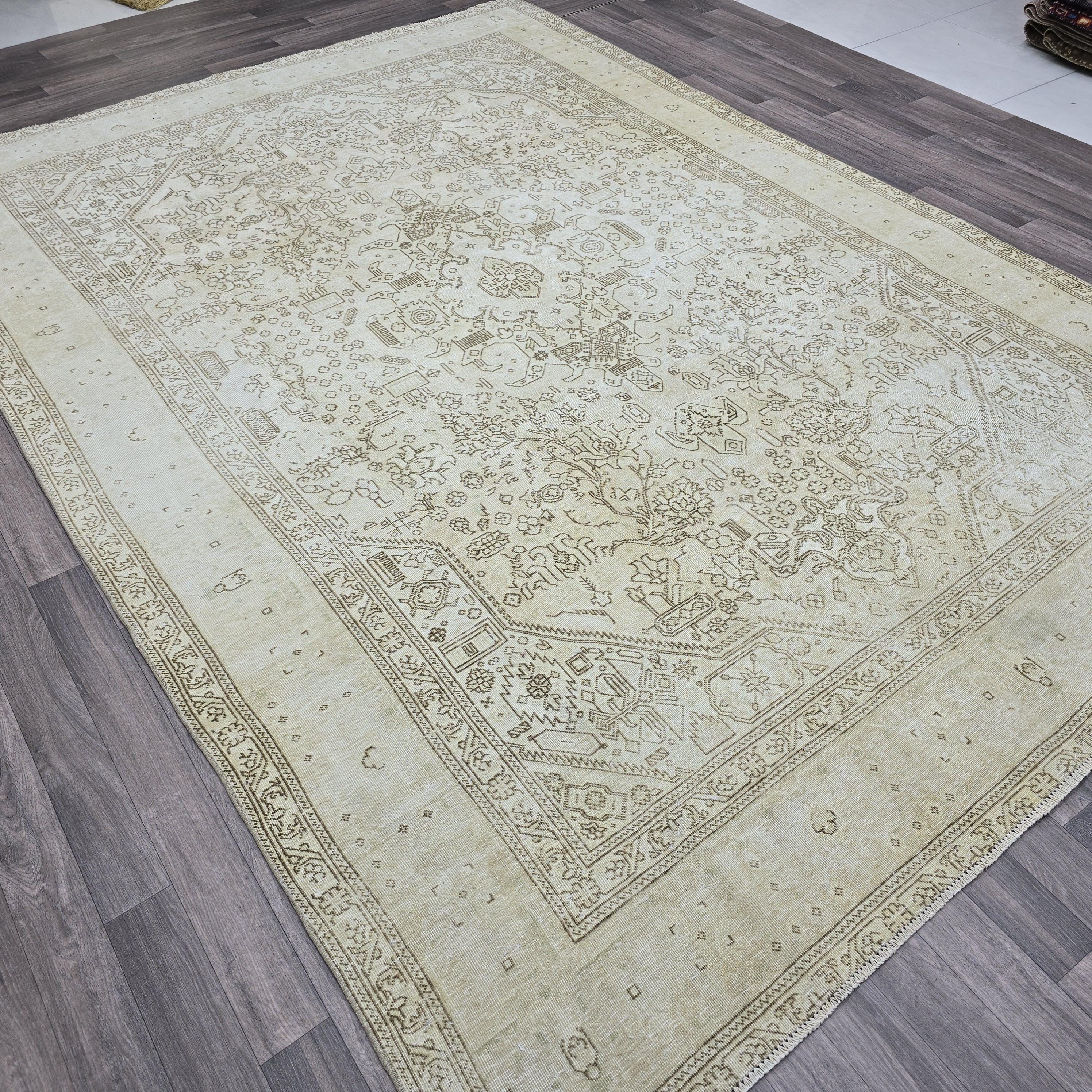 Oushak Rug 8x11: Vintage Turkish Wool Area Rug, Neutral Distressed Geometric