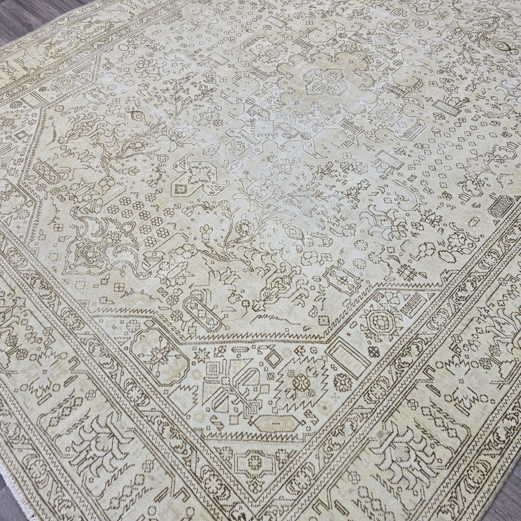 Vintage Oushak Turkish Rug: 8x11 Beige Cream Wool Area Rug