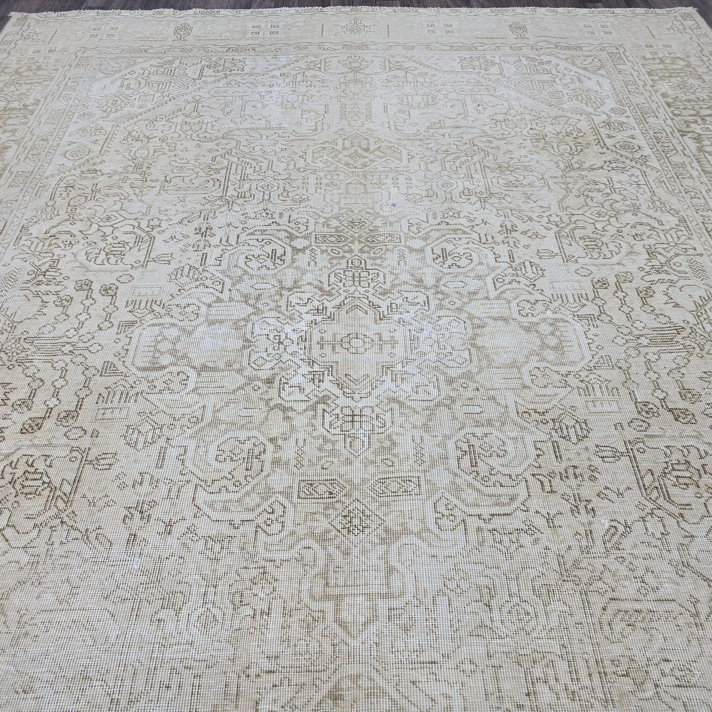 9x12 Hand-Knotted Wool Oushak Rug: Neutral Cream Beige Turkish Area Rug