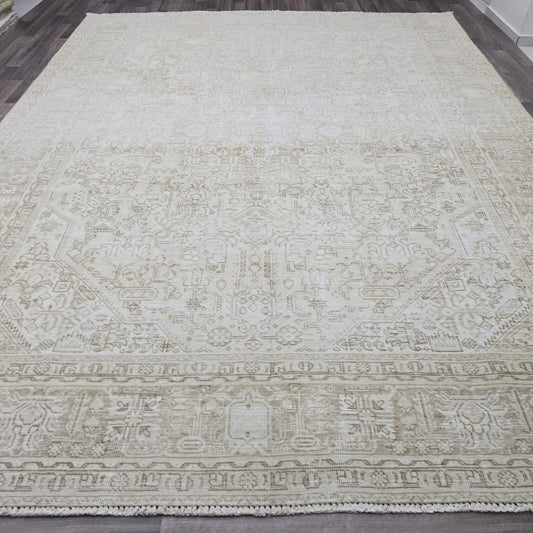 Oversized Neutral Turkish Rug 9x12: Vintage Cream Beige Wool Area Rug