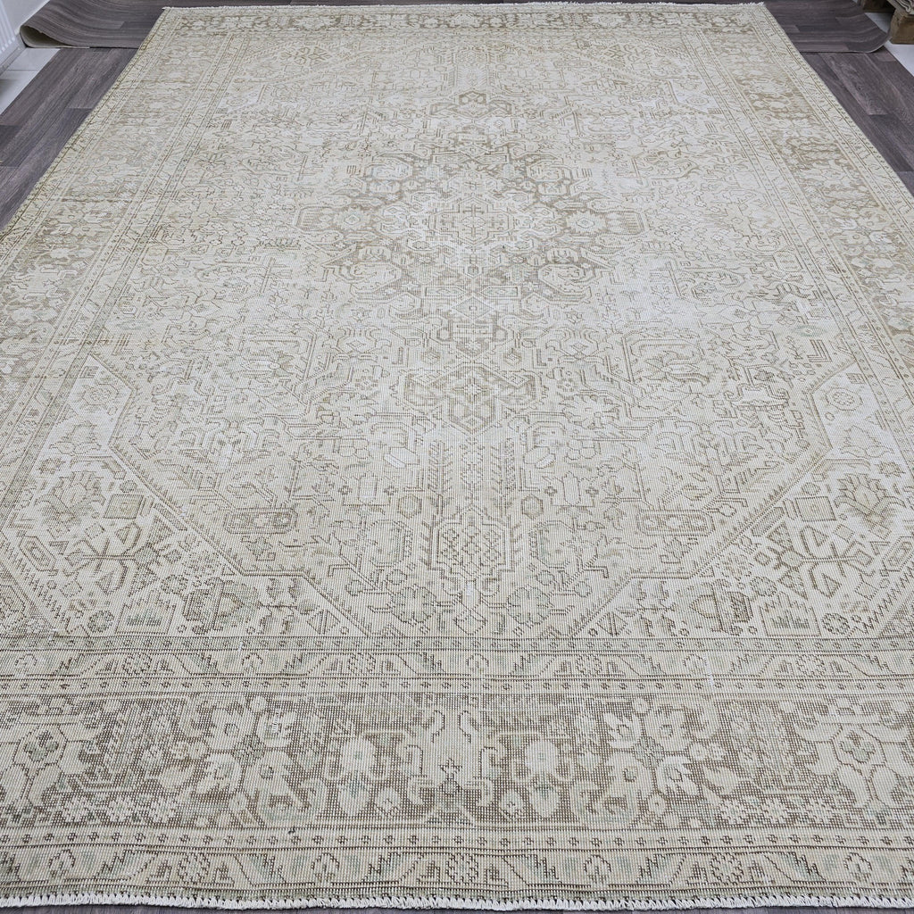 9x12 Hand Knotted Oushak Rug: Neutral Distressed Turkish Wool Carpet