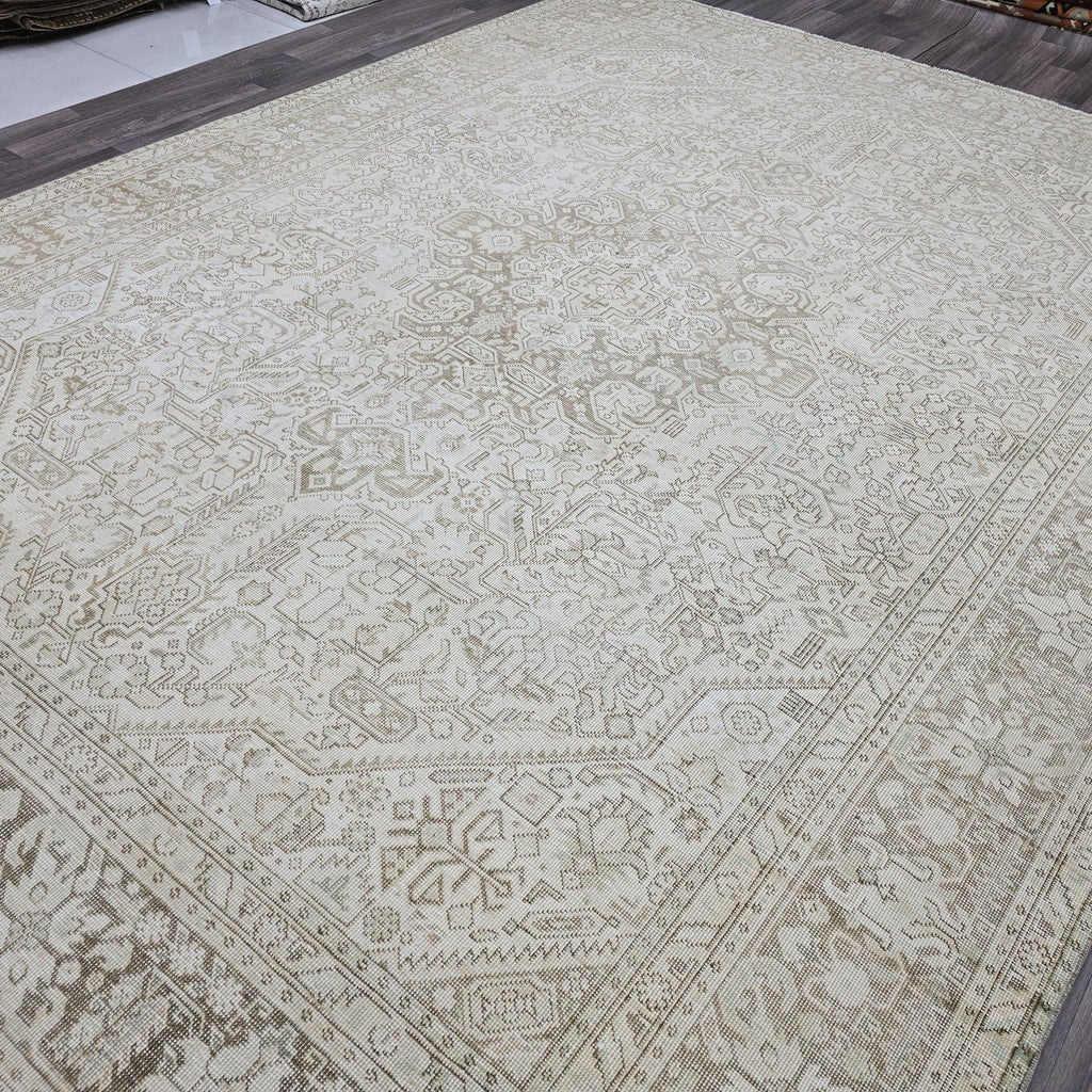 9x12 Hand Knotted Oushak Rug: Neutral Distressed Turkish Wool Carpet