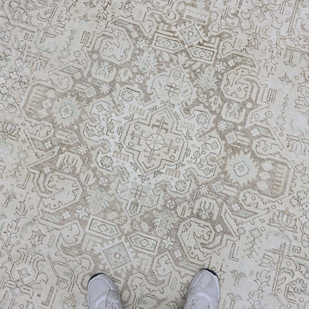 9x12 Hand Knotted Oushak Rug: Neutral Distressed Turkish Wool Carpet