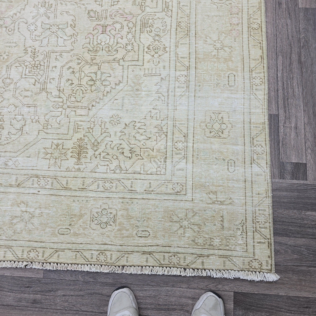 Hand Knotted 8x11 Oushak Rug: Vintage Turkish Wool, Beige Brown Geometric