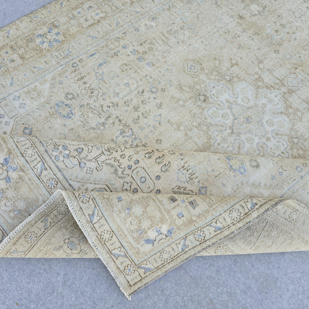 Hand Knotted Oushak Rug: 7.8 x 10.7 ft Vintage Turkish Wool Medallion Carpet