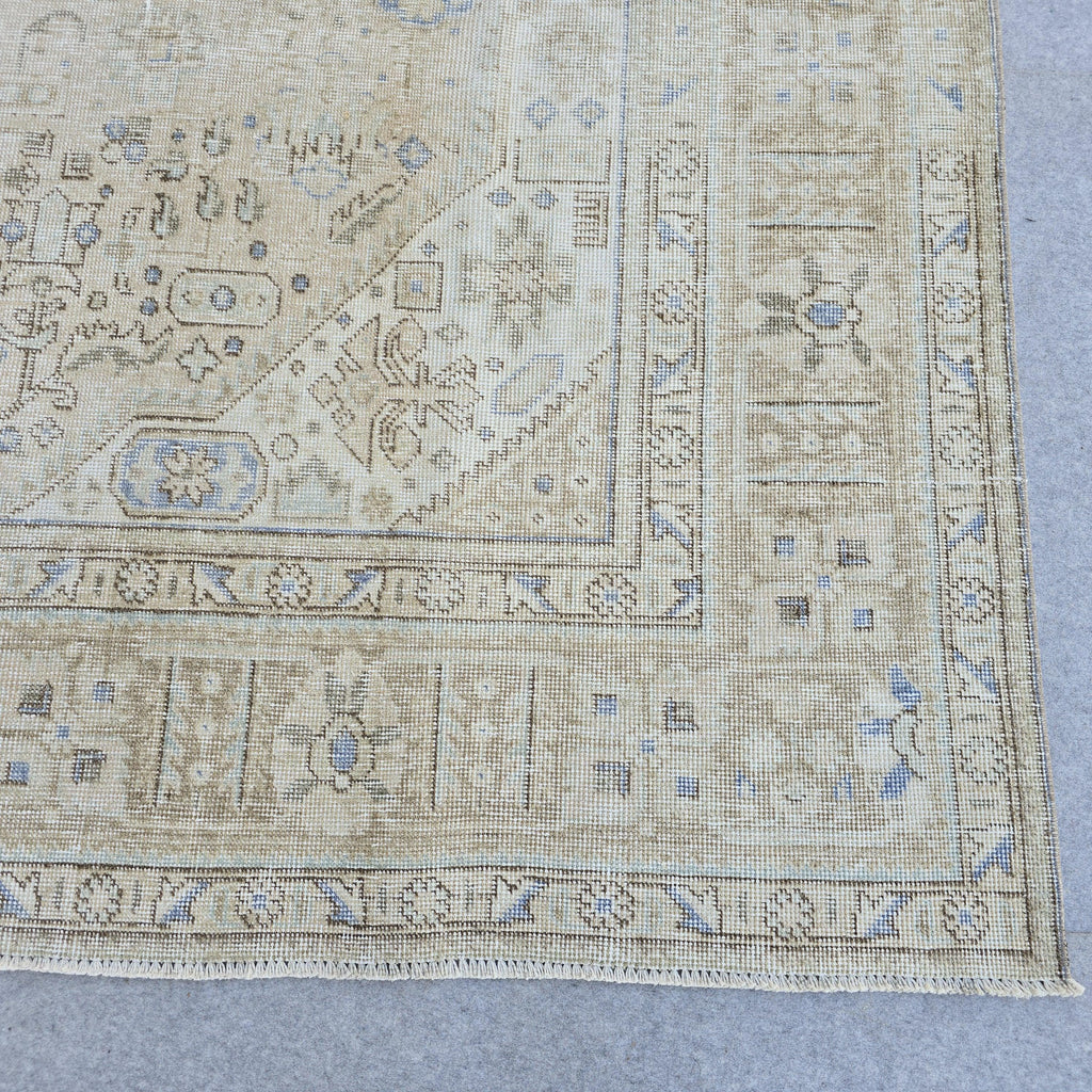 Hand Knotted Oushak Rug: 7.8 x 10.7 ft Vintage Turkish Wool Medallion Carpet