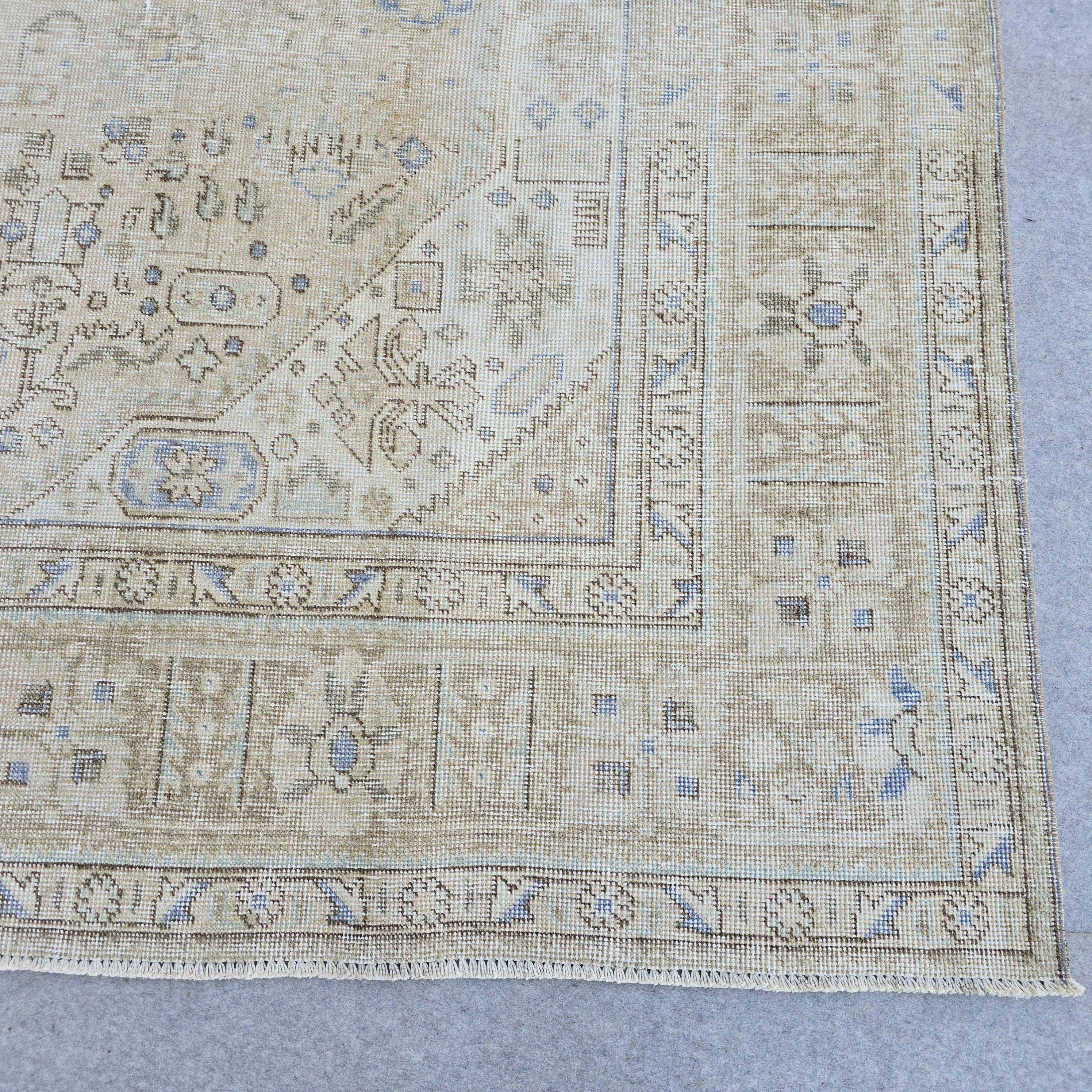 8x11 Vintage Heriz Hand Knotted Oushak Rug: 7.8 x 10.7 ft Neutral Turkish Wool Medallion Carpet