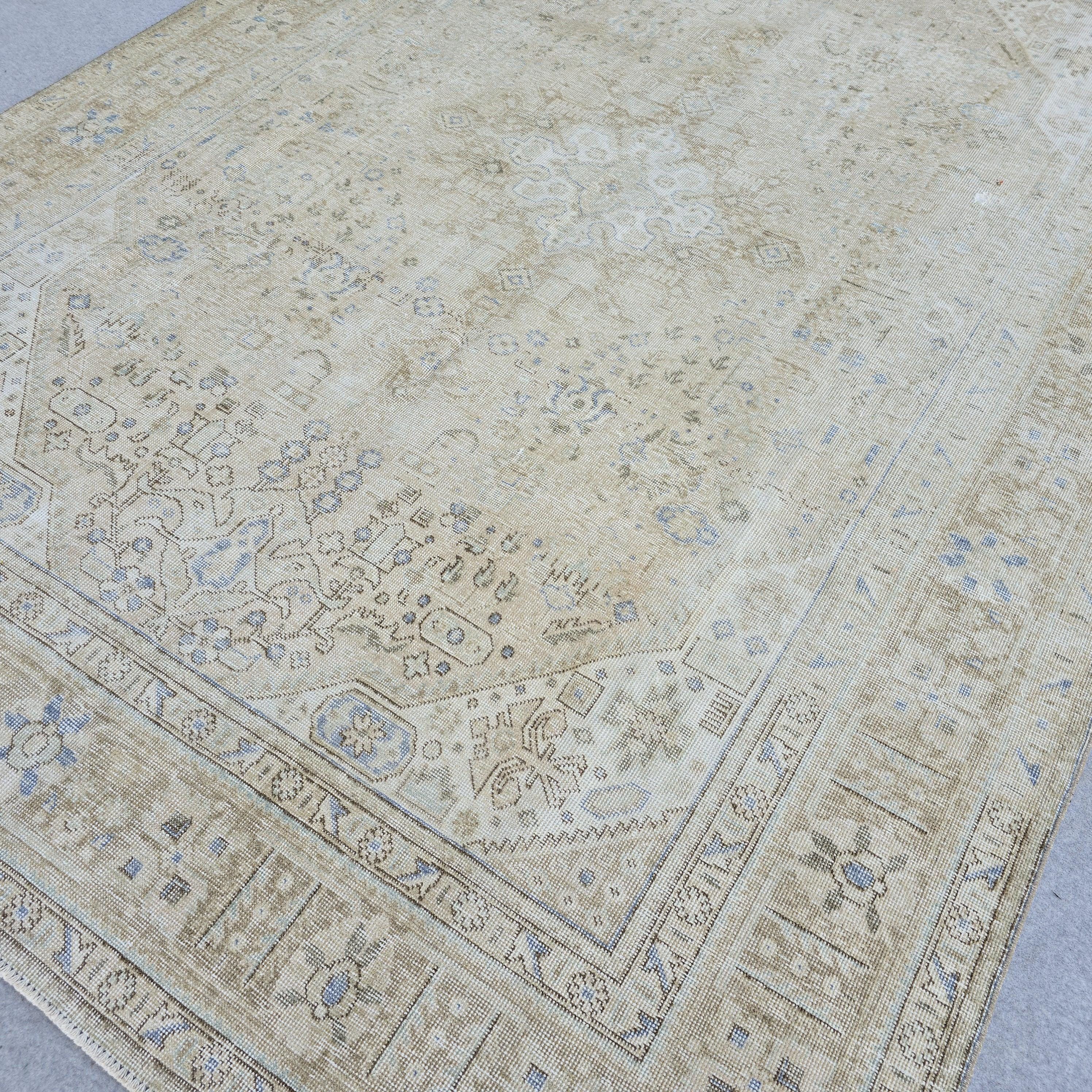 Hand Knotted Oushak Rug: 7.8 x 10.7 ft Vintage Turkish Wool Medallion Carpet