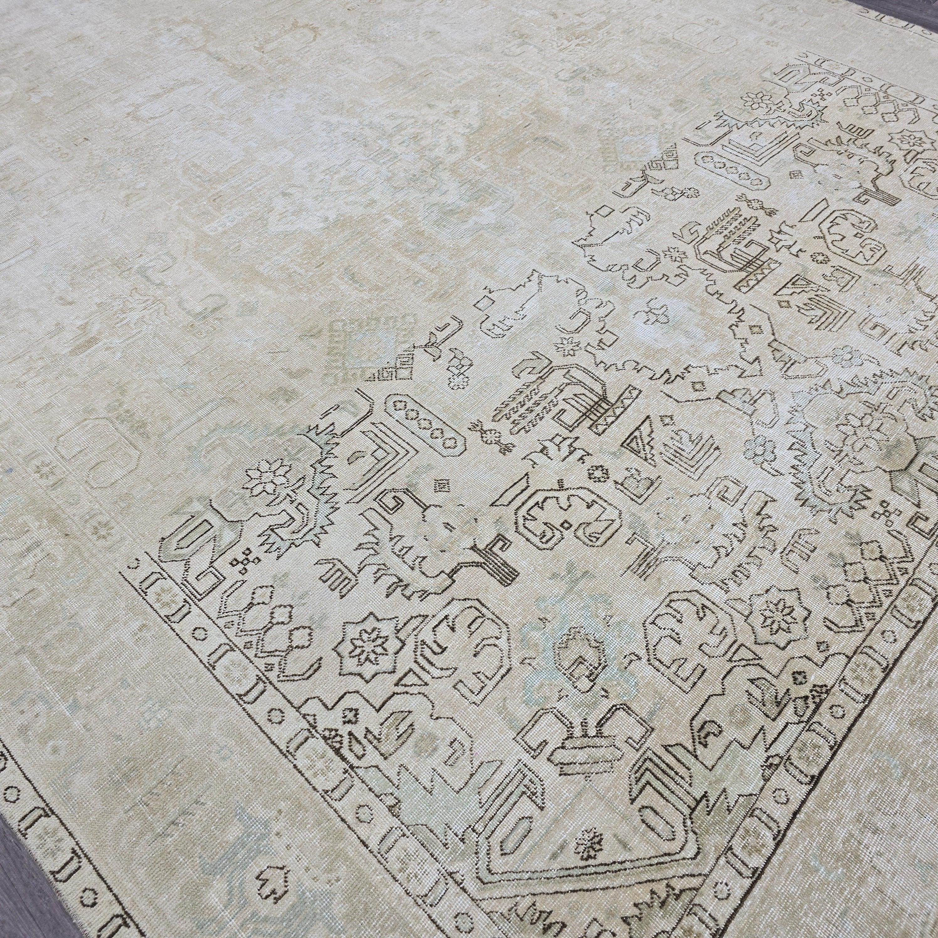 Hand-Knotted Neutral Oushak Rug 9x12: Vintage Wool Oriental Carpet