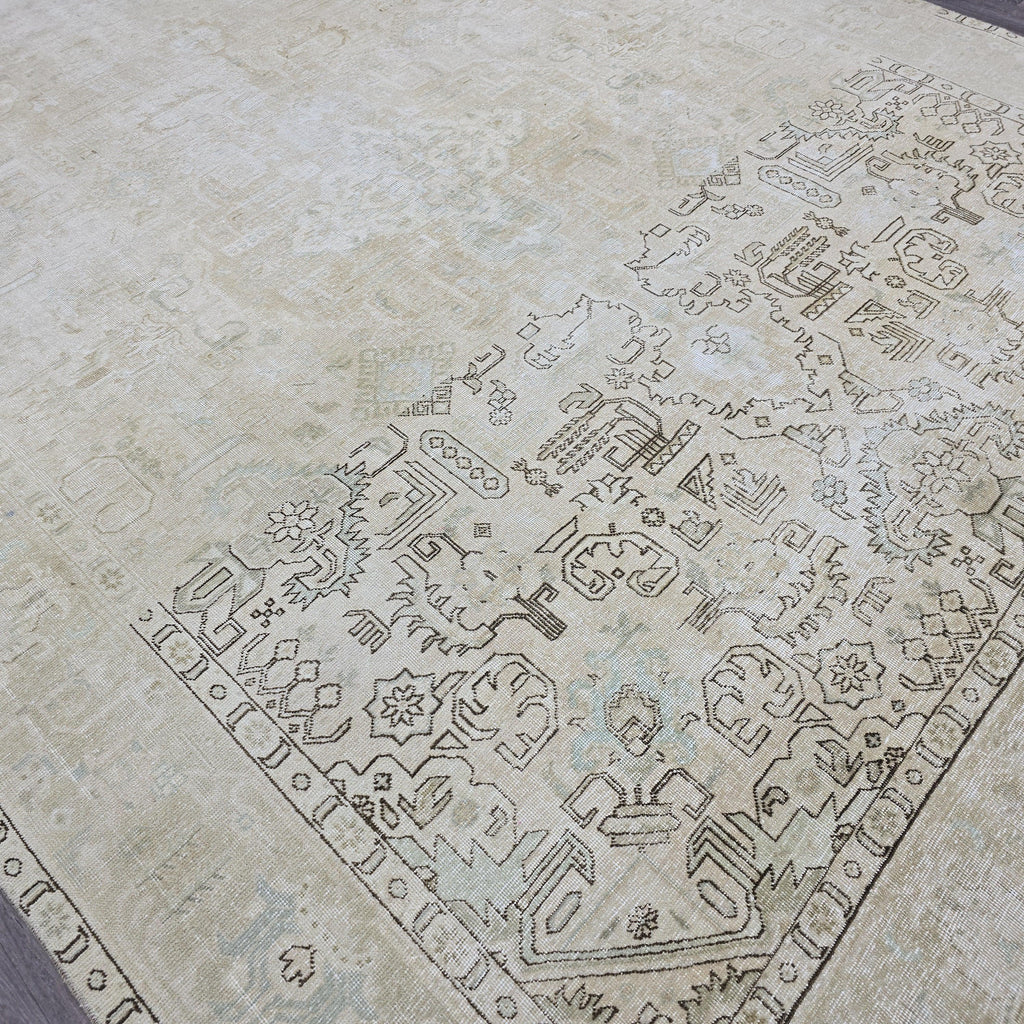 Hand-Knotted Neutral Oushak Rug 9x12: Vintage Wool Oriental Carpet