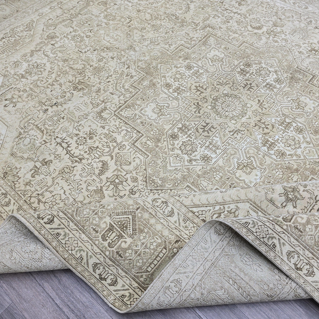 9x12 ft Hand-Knotted Wool Turkish Oushak Rug: Neutral Vintage Distressed Carpet