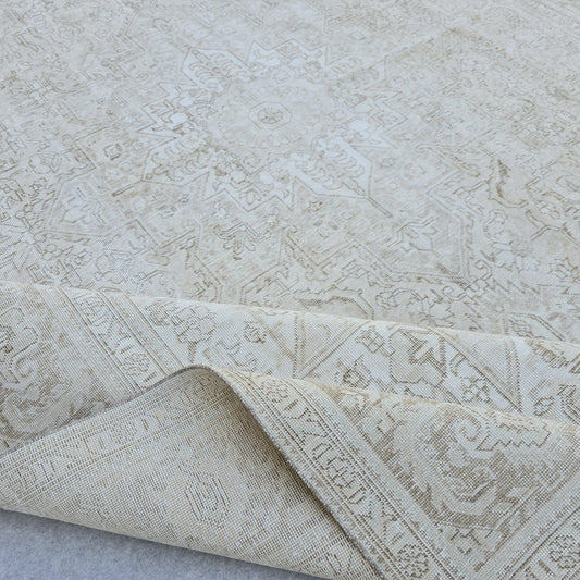 Oversize Neutral Turkish Rug 9x12: Vintage Oushak, Beige Cream Wool