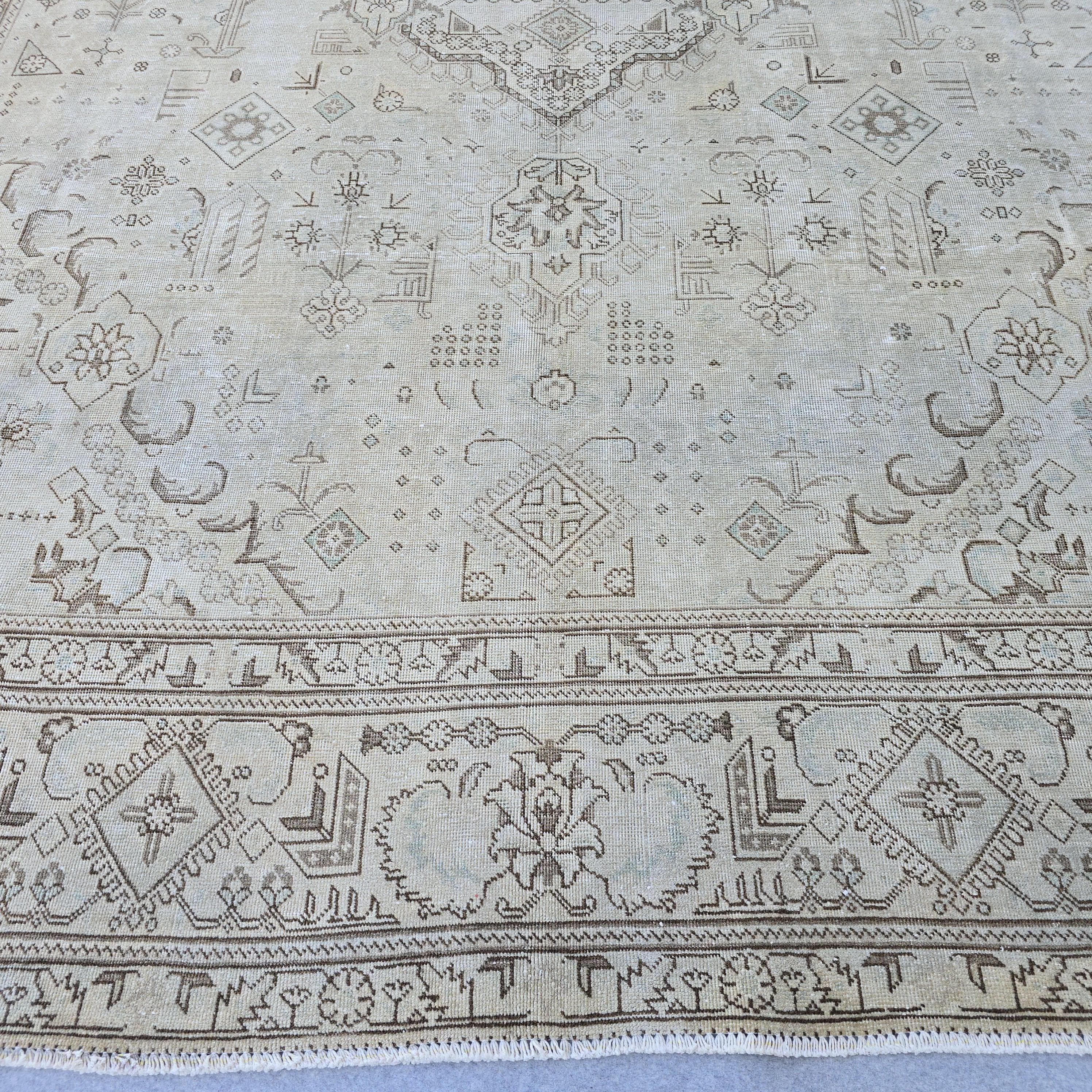 Large Neutral Oushak Rug 9x12: Vintage Turkish Wool Carpet