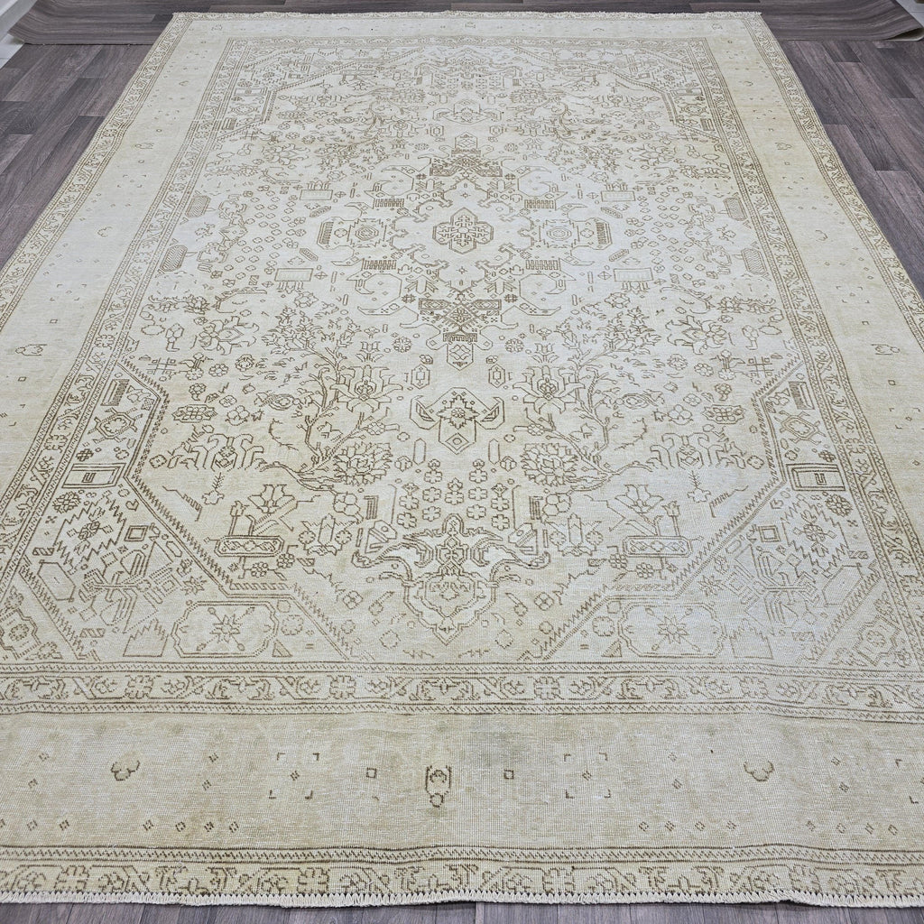 Oushak Rug 8x11: Vintage Turkish Wool Area Rug, Neutral Distressed Geometric