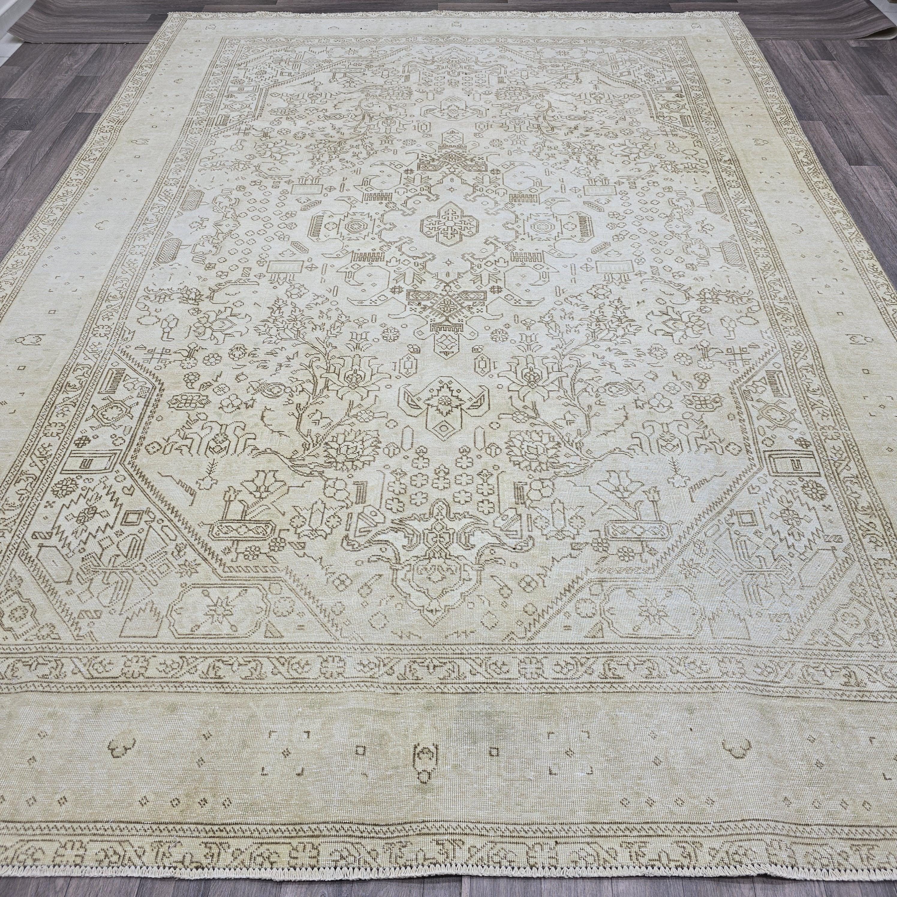 Oushak Rug 8x11: Vintage Turkish Wool Area Rug, Neutral Distressed Geometric