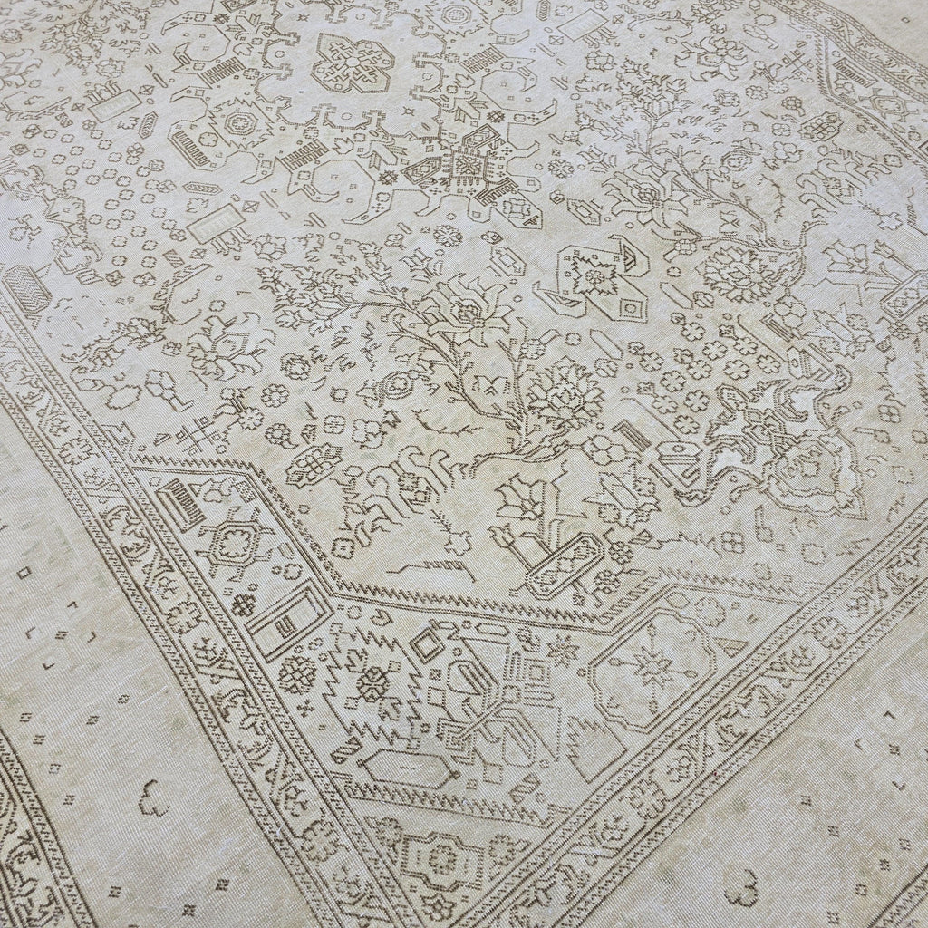 Oushak Rug 8x11: Vintage Turkish Wool Area Rug, Neutral Distressed Geometric