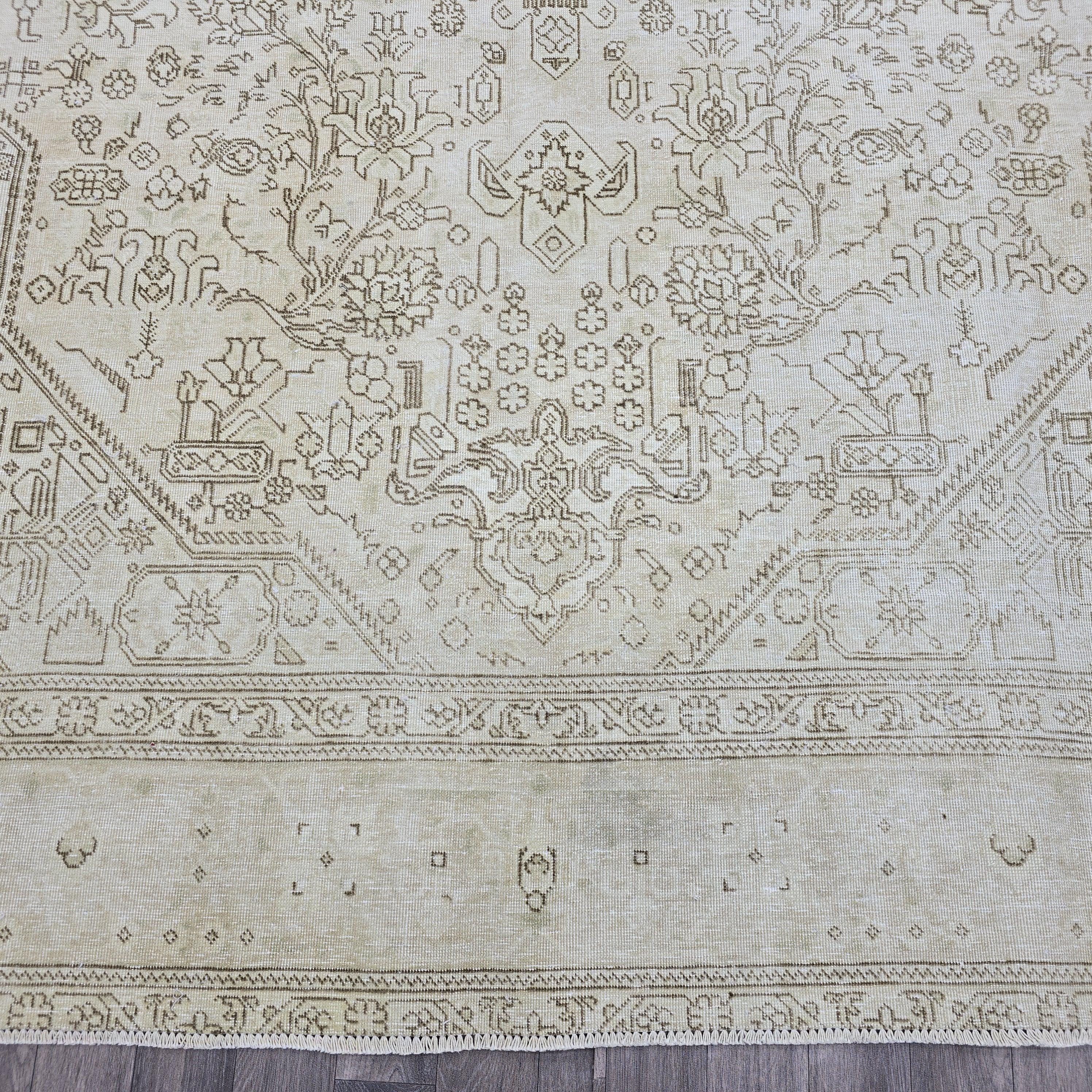 Oushak Rug 8x11: Vintage Turkish Wool Area Rug, Neutral Distressed Geometric