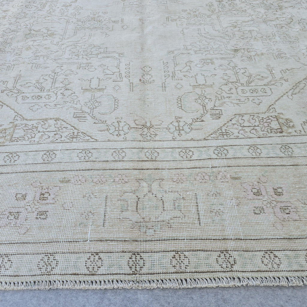 Oversized Turkish Oushak Rug: 9.7x12.15 ft, Faded Cream Beige Wool Anatolian Carpet