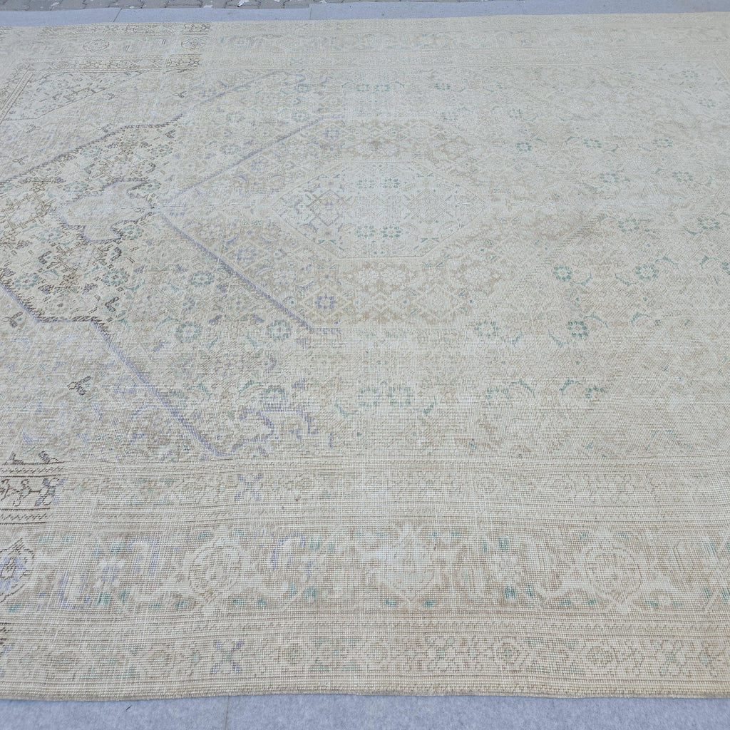 Vintage Turkish Hand-Knotted Rug: Muted Beige, Blue & Sage Geometric Carpet