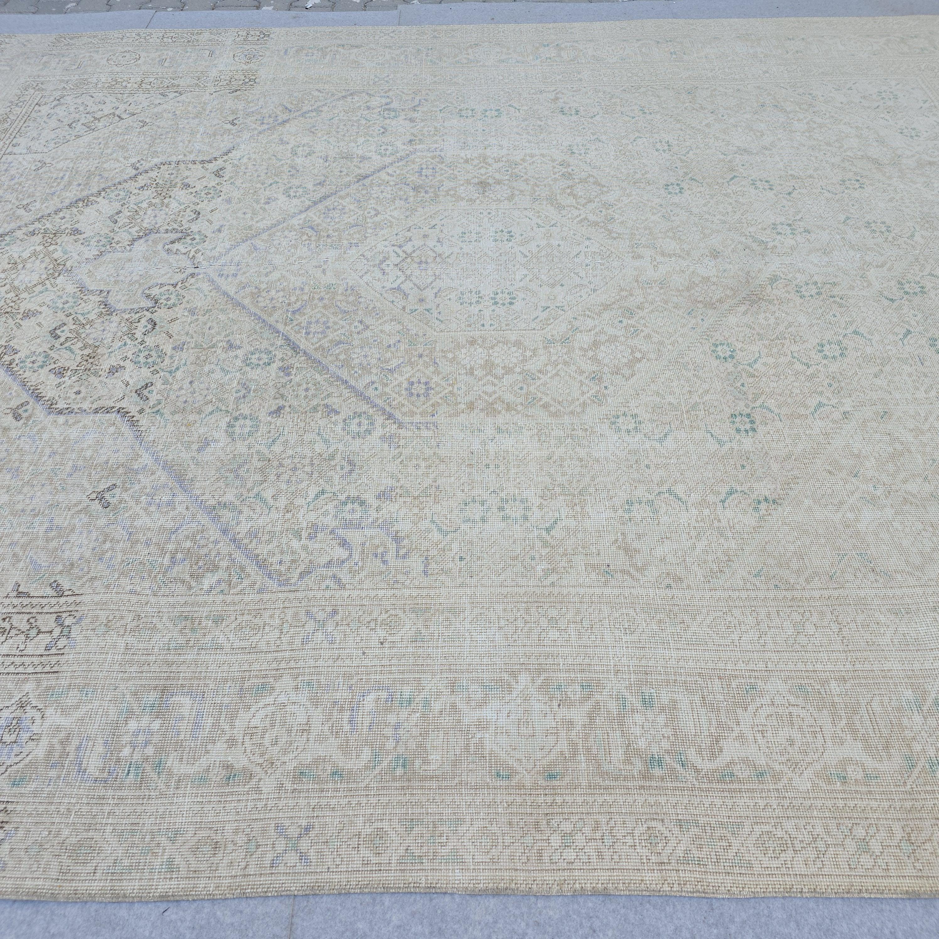 Vintage Turkish Hand-Knotted Rug: Muted Beige, Blue & Sage Geometric Carpet