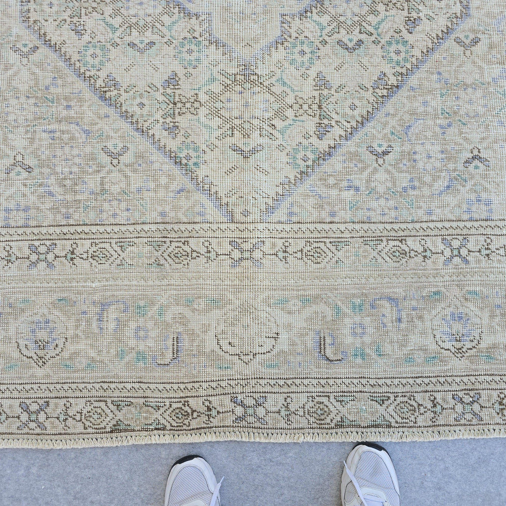 Vintage Turkish Hand-Knotted Rug: Muted Beige, Blue & Sage Geometric Carpet