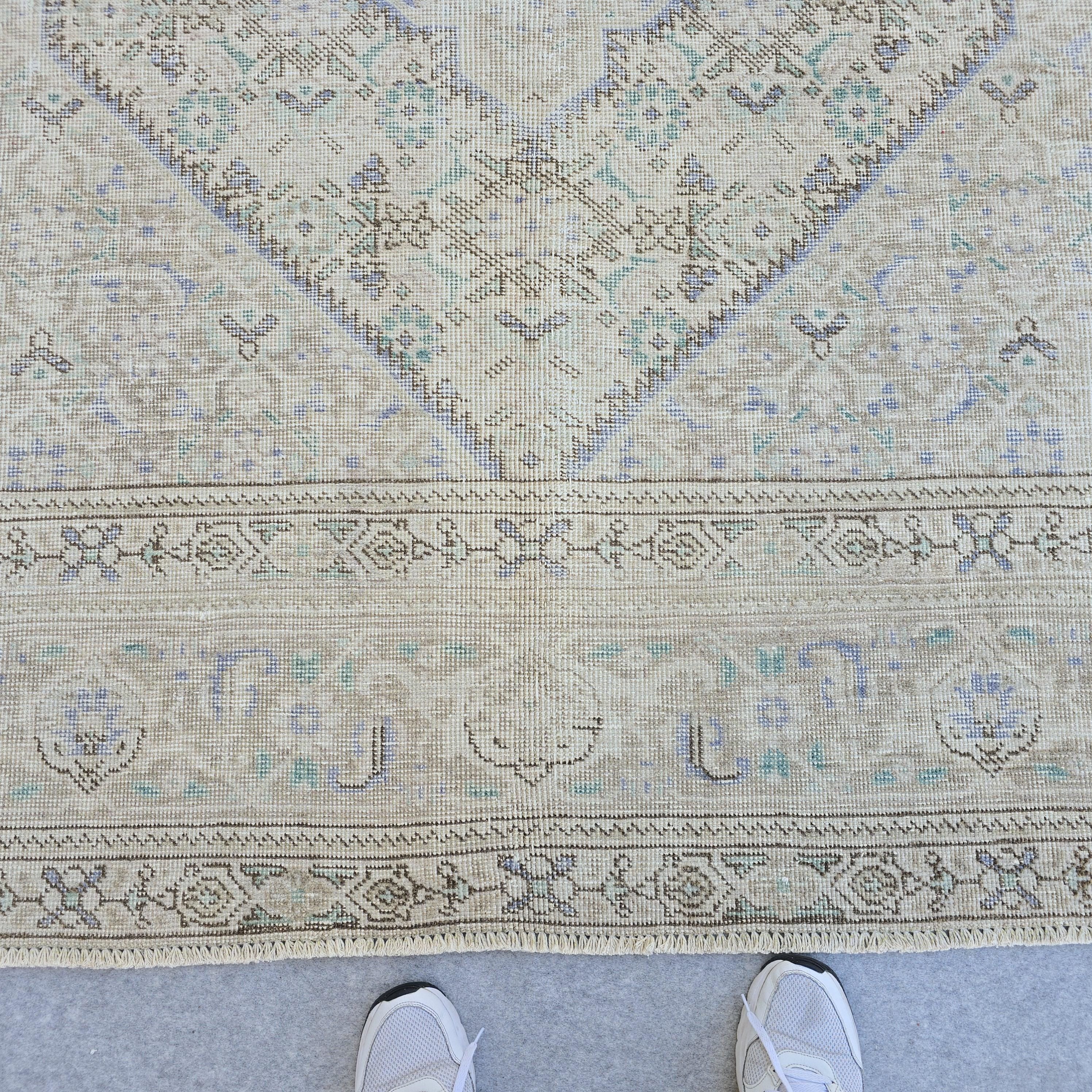 Vintage Turkish Hand-Knotted Rug: Muted Beige, Blue & Sage Geometric Carpet