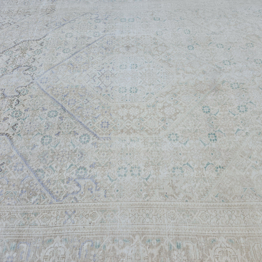 Vintage Turkish Hand-Knotted Rug: Muted Beige, Blue & Sage Geometric Carpet
