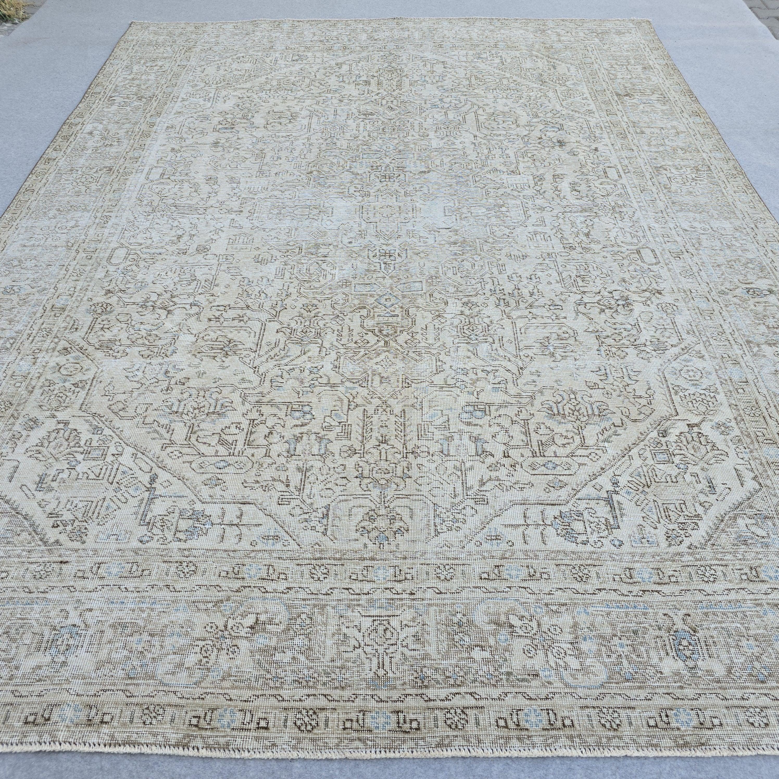 Vintage Turkish Area Rug 9.35x12.30 ft: Beige Cream Taupe Wool Rug