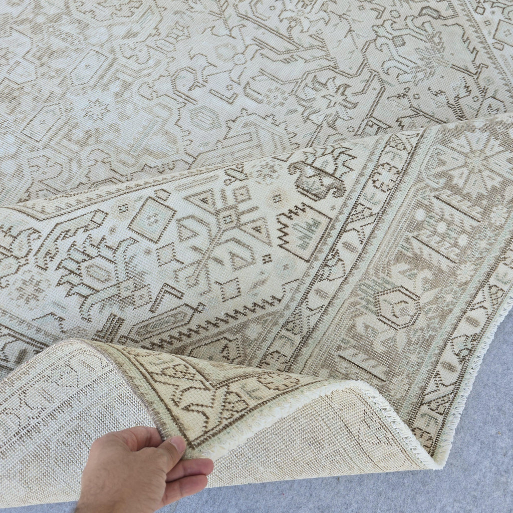 8x11 Handwoven Oushak Rug: Neutral Vintage Turkish Wool Carpet