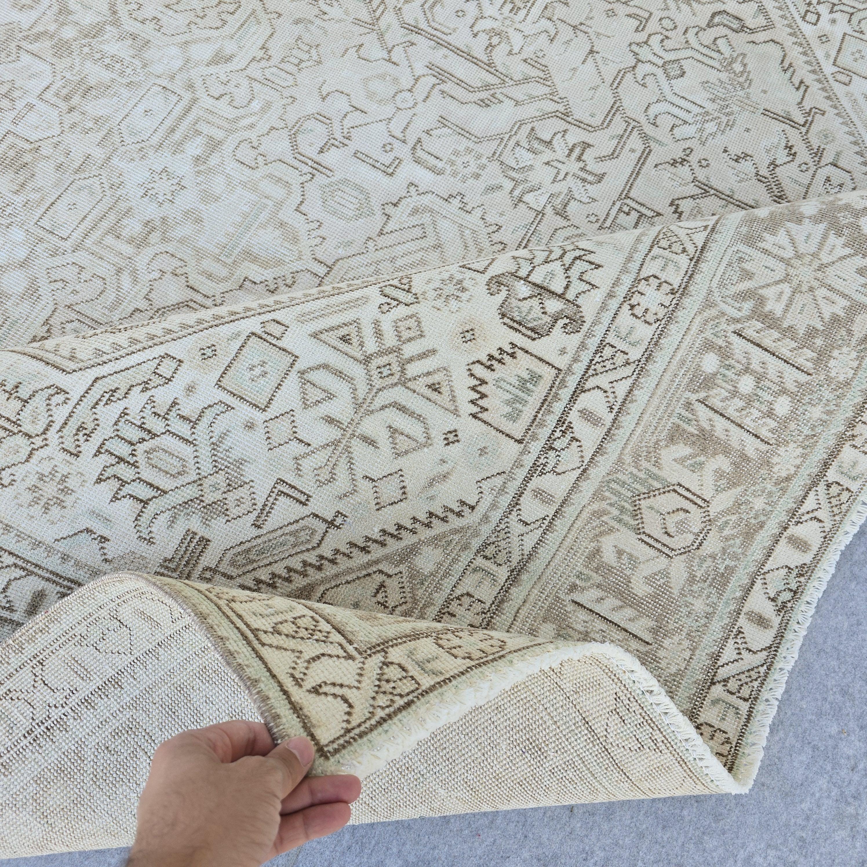 8x11 Handwoven Oushak Rug: Neutral Vintage Turkish Wool Carpet