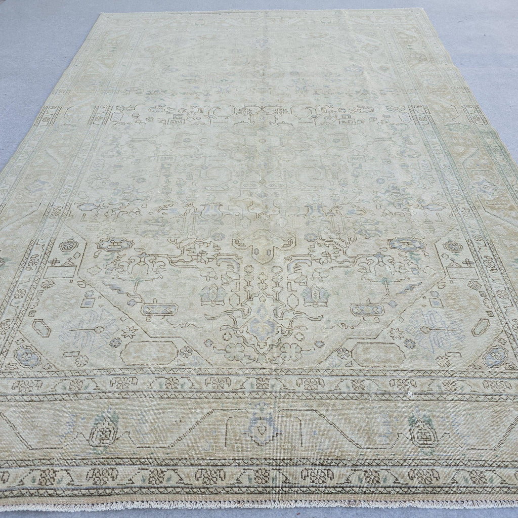 Hand-Knotted Neutral Oushak Rug: 8x11 Vintage Turkish Wool Area Rug