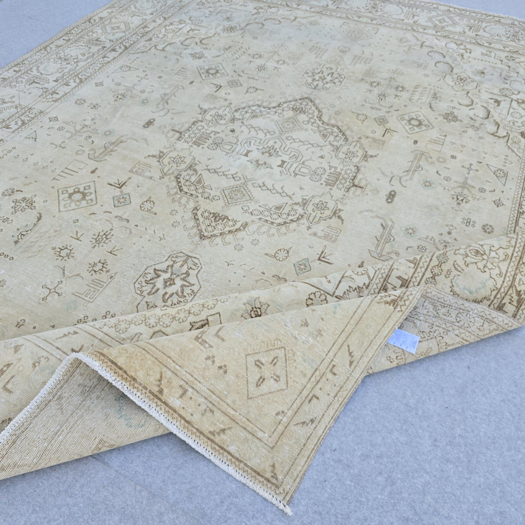 Large Neutral Oushak Rug 9x12: Vintage Turkish Wool Carpet