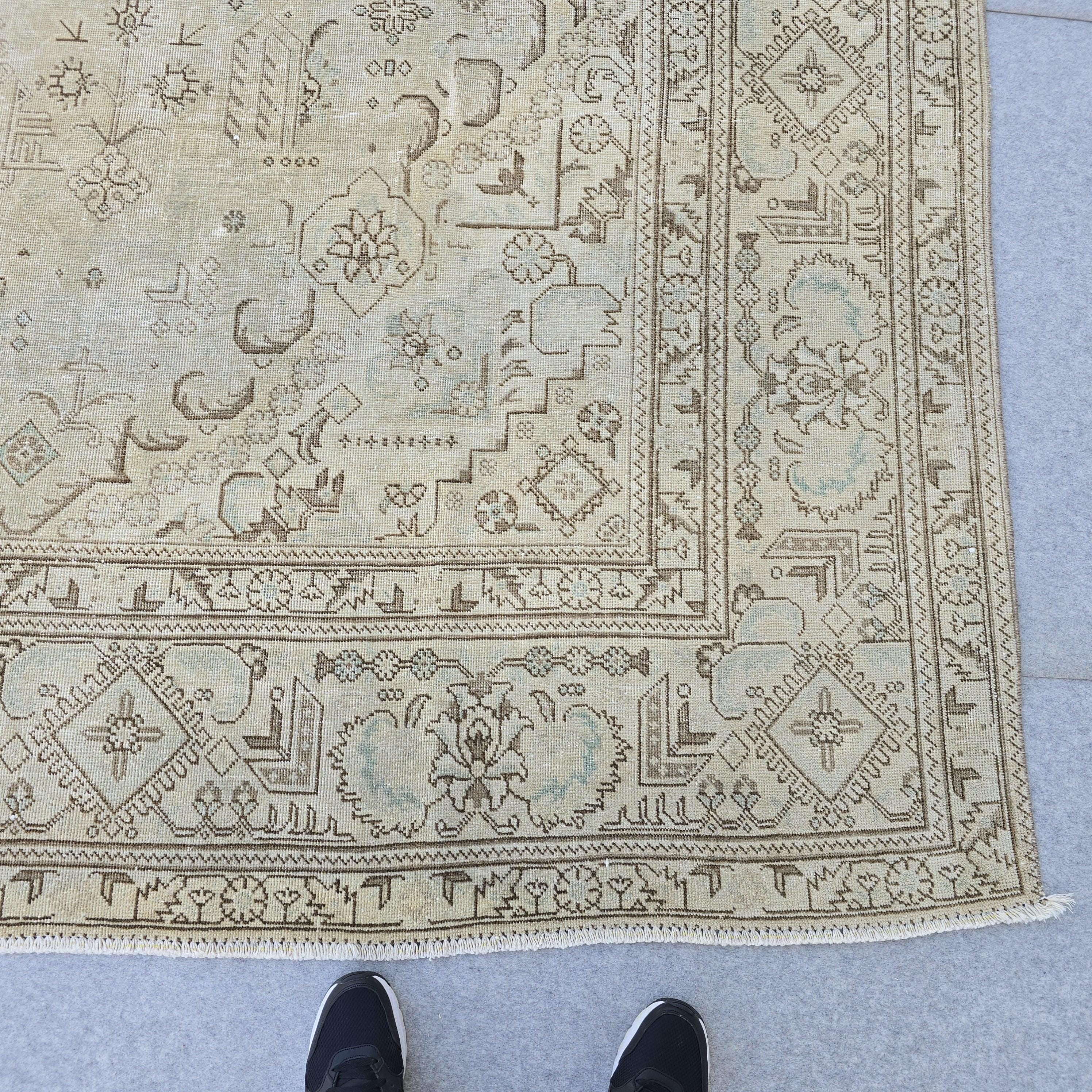 Large Neutral Oushak Rug 9x12: Vintage Turkish Wool Carpet