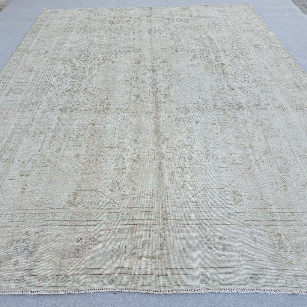 Oversized Turkish Oushak Rug: 9.7x12.15 ft, Faded Cream Beige Wool Anatolian Carpet
