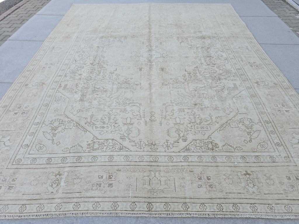 Oversized Turkish Oushak Rug: 9.7x12.15 ft, Faded Cream Beige Wool Anatolian Carpet