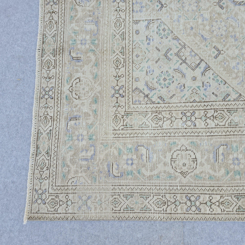 Vintage Turkish Hand-Knotted Rug: Muted Beige, Blue & Sage Geometric Carpet