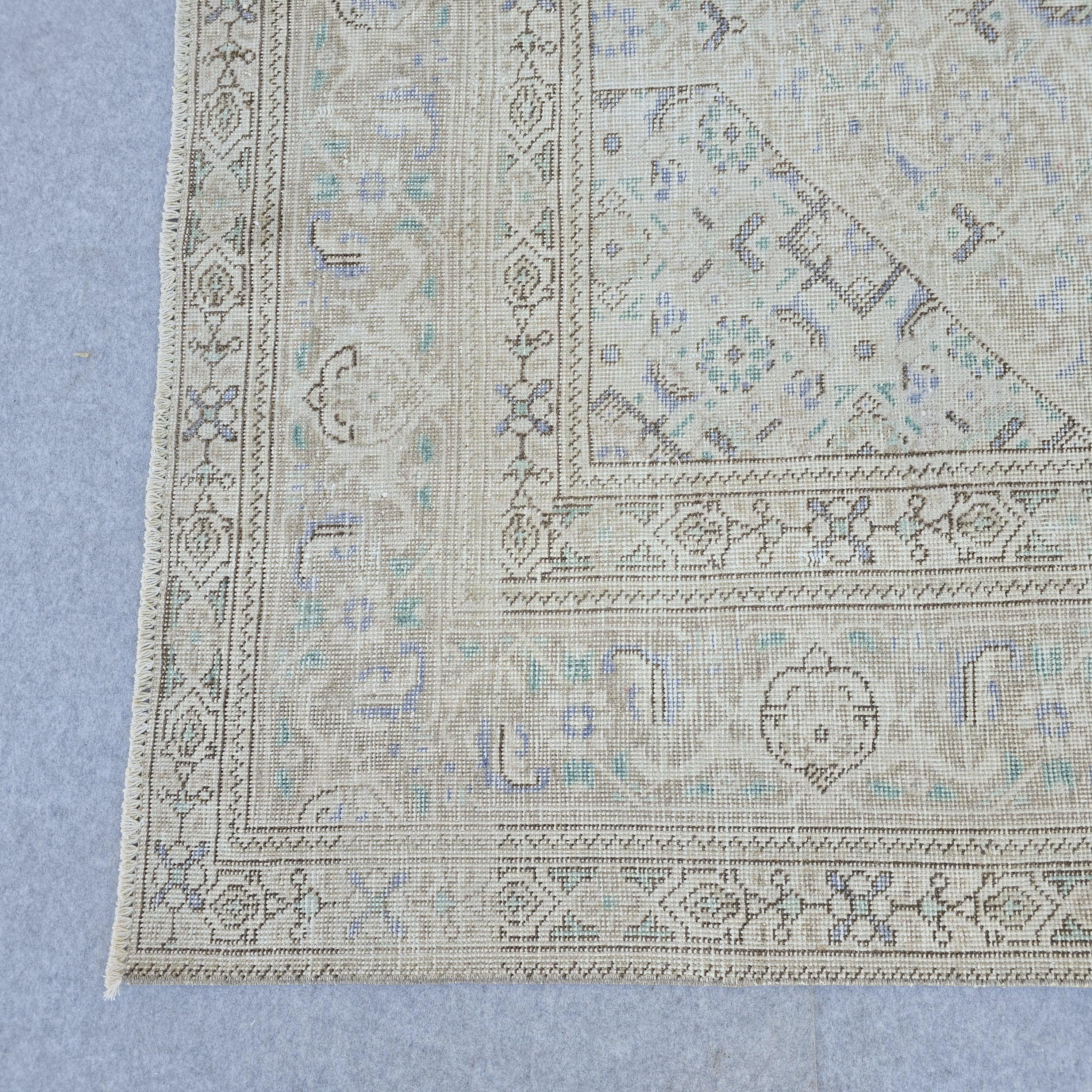 Vintage Turkish Hand-Knotted Rug: Muted Beige, Blue & Sage Geometric Carpet