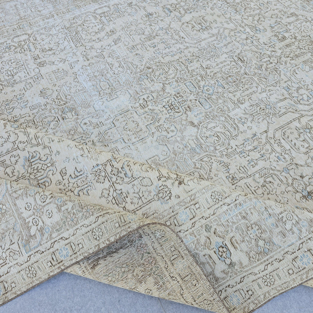 Vintage Turkish Area Rug 9.35x12.30 ft: Beige Cream Taupe Wool Rug