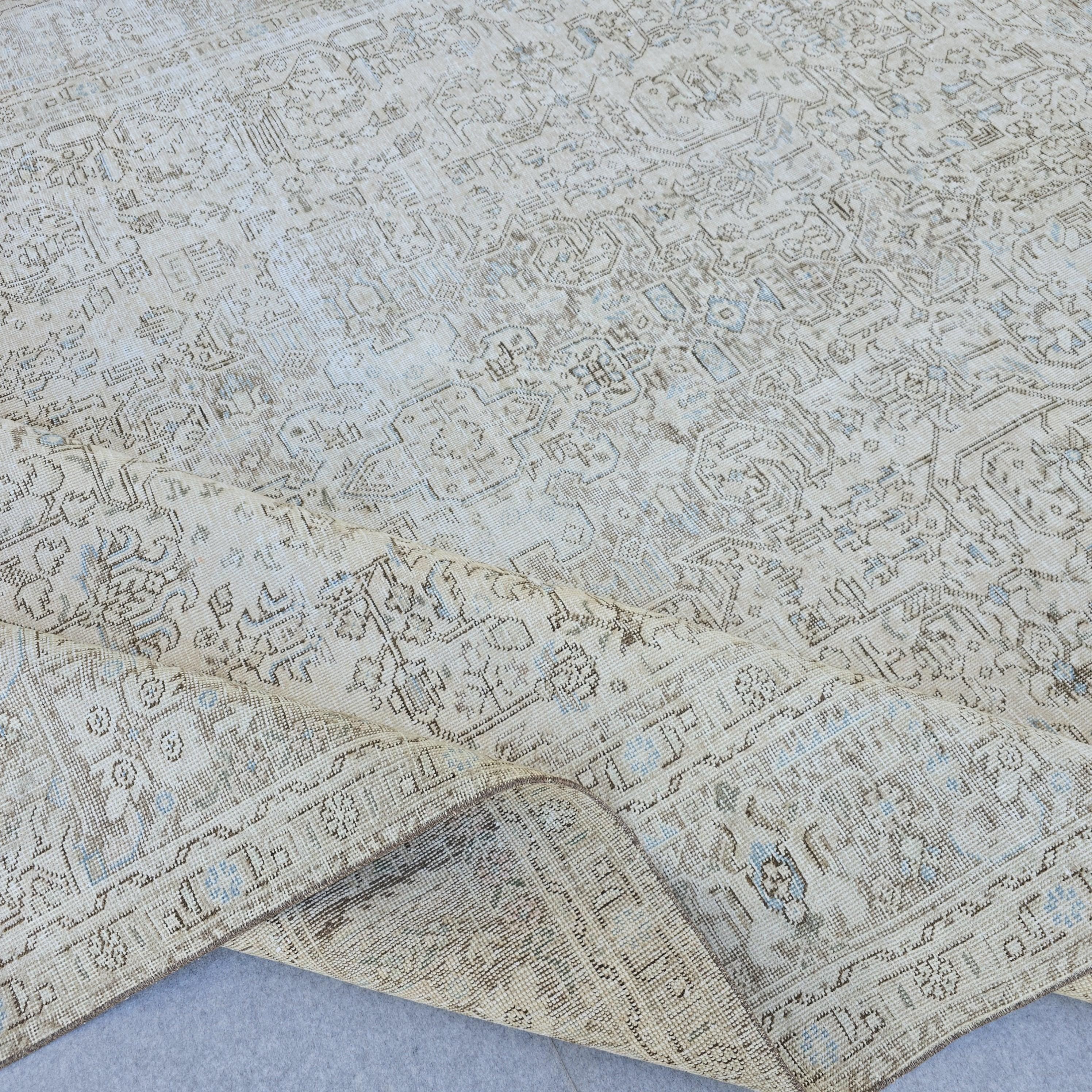 Vintage Turkish Area Rug 9.35x12.30 ft: Beige Cream Taupe Wool Rug