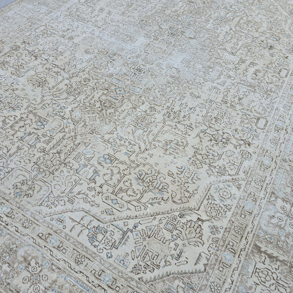 Vintage Turkish Area Rug 9.35x12.30 ft: Beige Cream Taupe Wool Rug