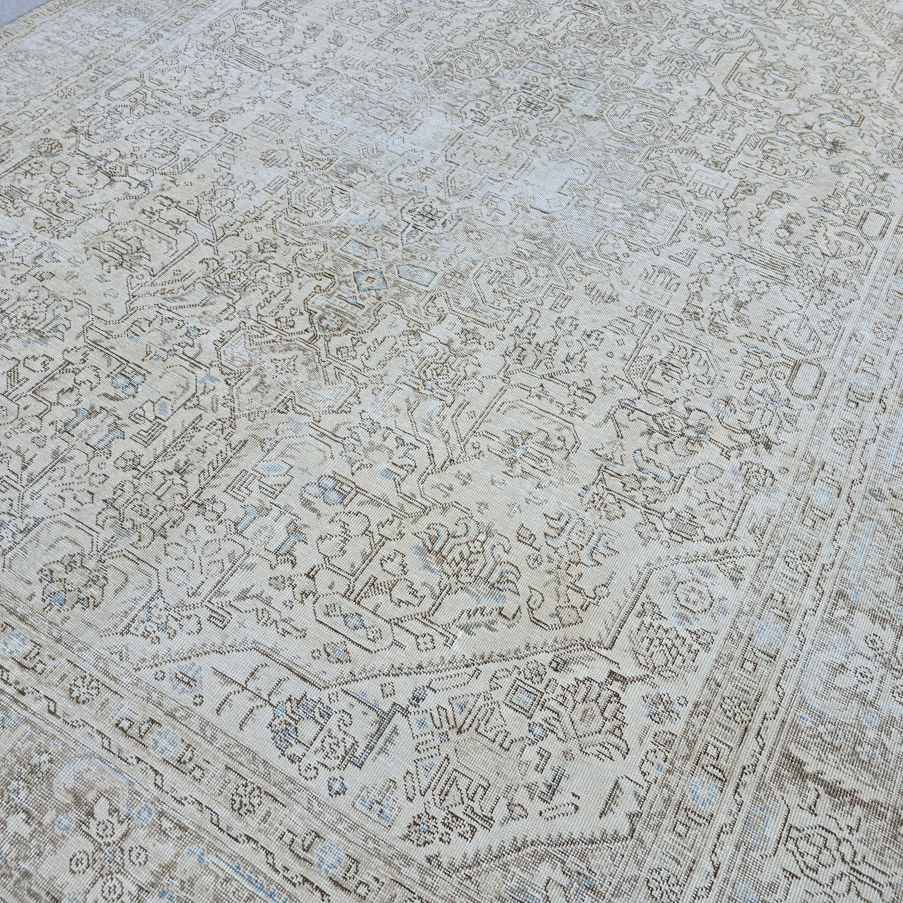 Vintage Turkish Area Rug 9.35x12.30 ft: Beige Cream Taupe Wool Rug