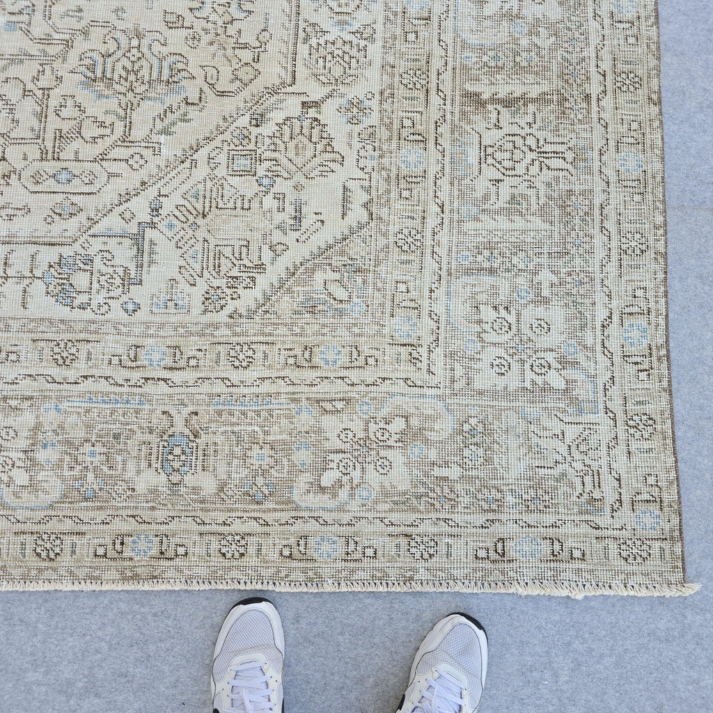 Vintage Turkish Area Rug 9.35x12.30 ft: Beige Cream Taupe Wool Rug