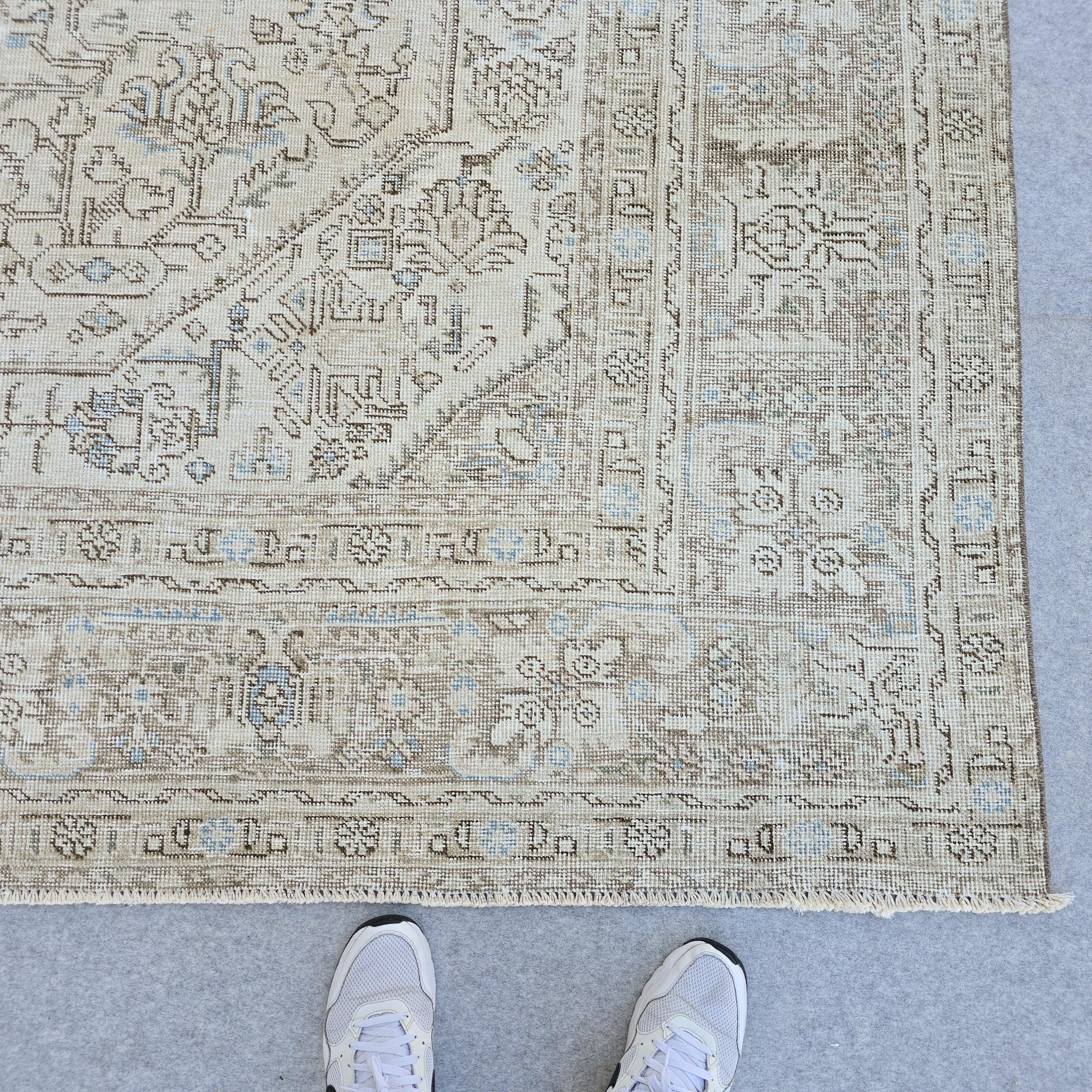 Vintage Turkish Area Rug 9.35x12.30 ft: Beige Cream Taupe Wool Rug