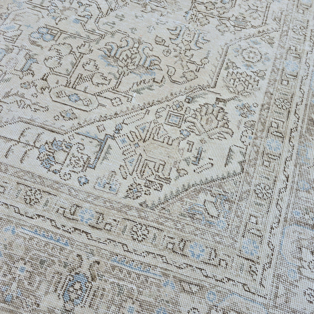 Vintage Turkish Area Rug 9.35x12.30 ft: Beige Cream Taupe Wool Rug