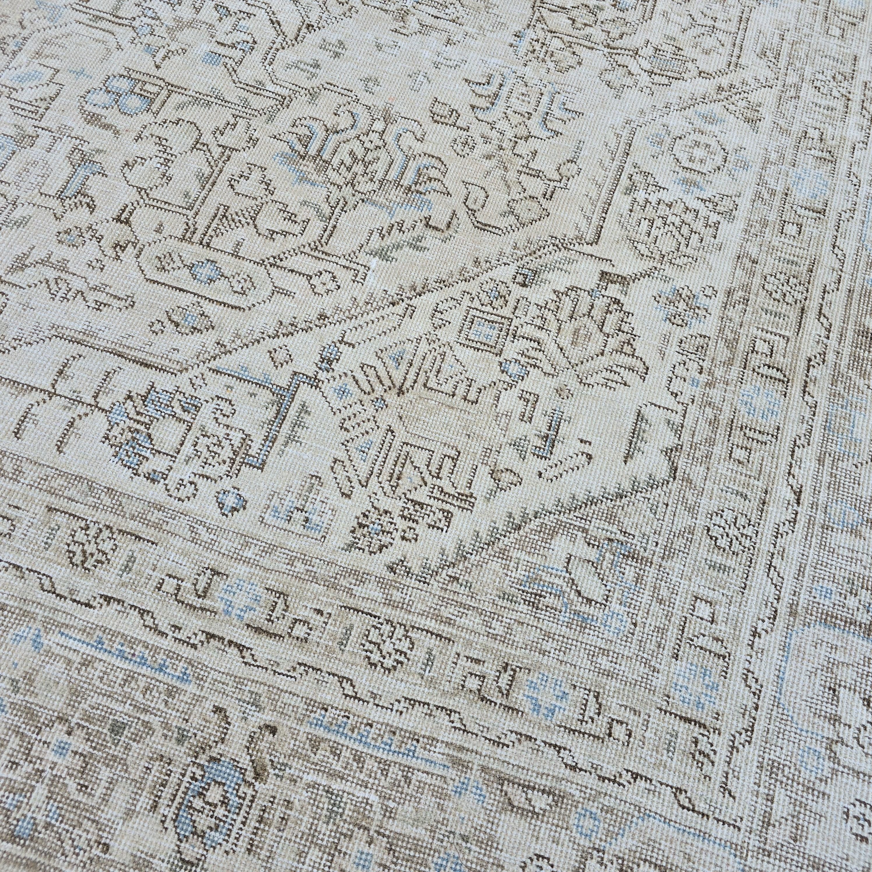 Vintage Turkish Area Rug 9.35x12.30 ft: Beige Cream Taupe Wool Rug