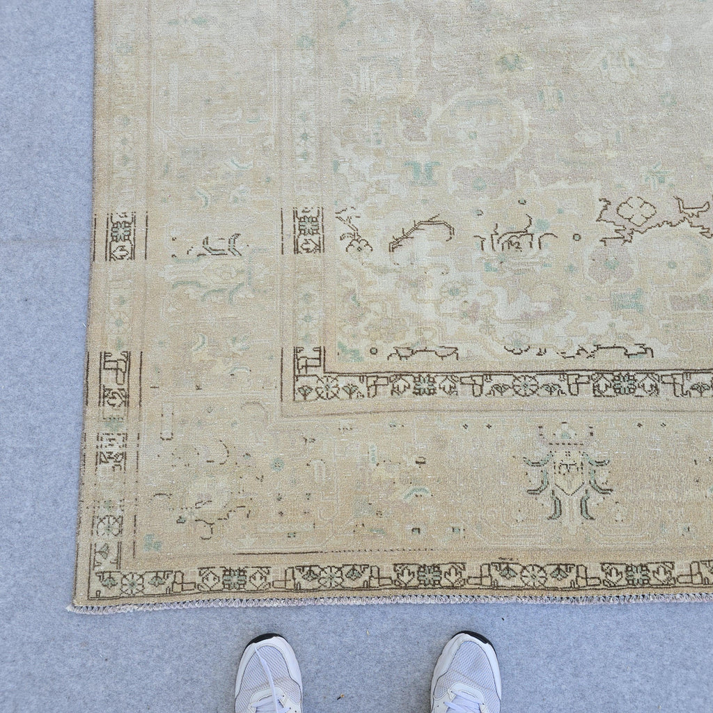 Antique Oushak Rug 9.6x12.6 ft, Faded Turkish Wool Rug, Neutral Decor