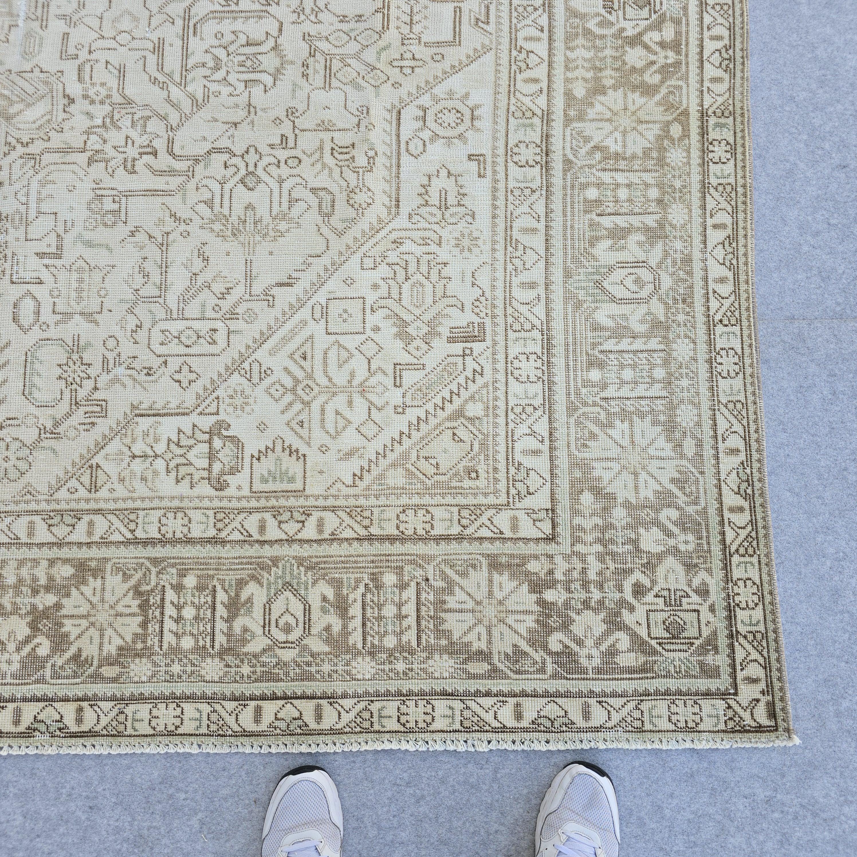 8x11 Handwoven Oushak Rug: Neutral Vintage Turkish Wool Carpet