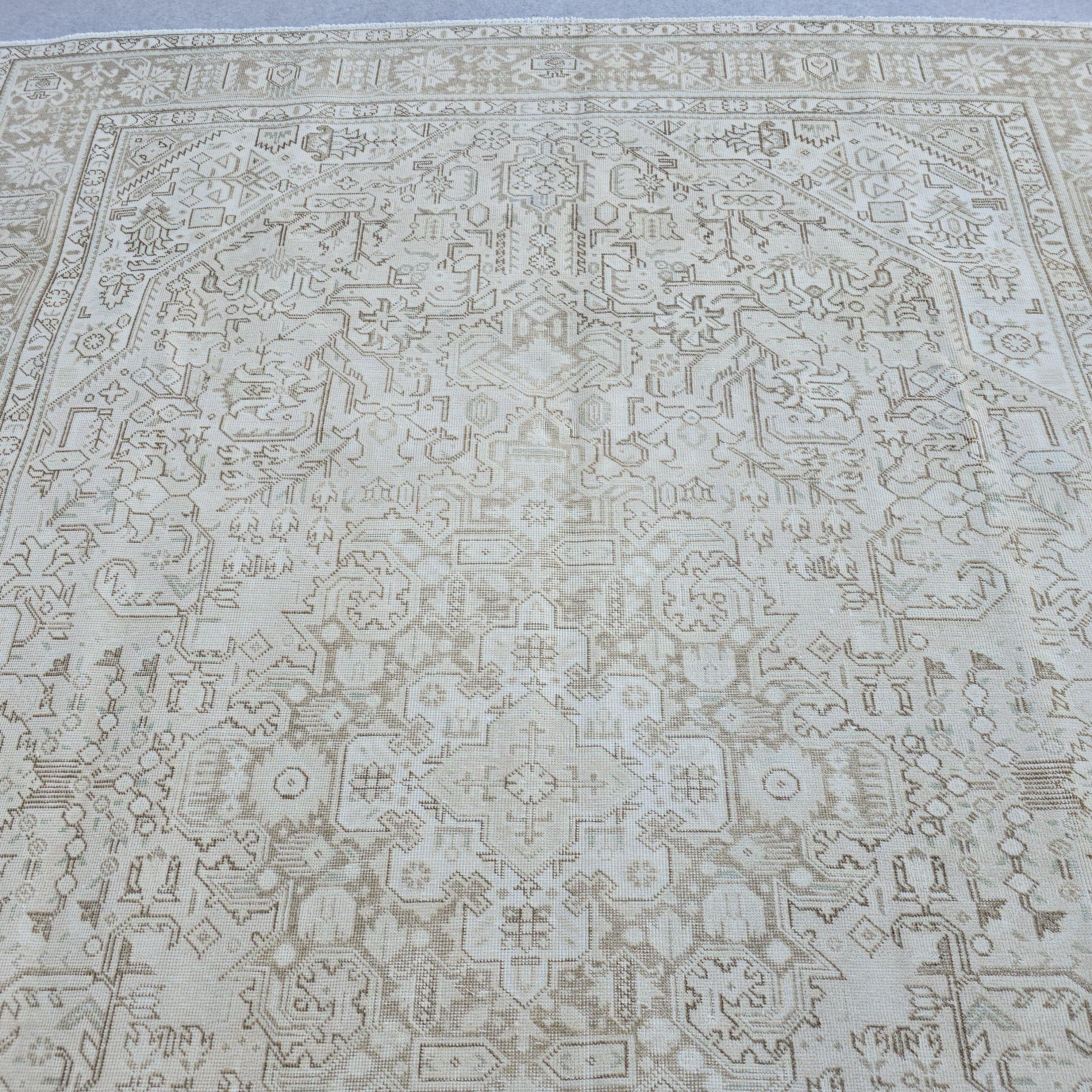 8x11 Handwoven Oushak Rug: Neutral Vintage Turkish Wool Carpet